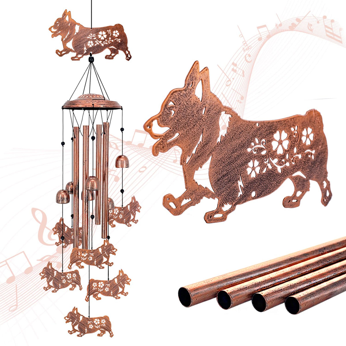 SRDJXY Corgi wind chime outdoors in garden with tranquil ambiance and decorative charm.