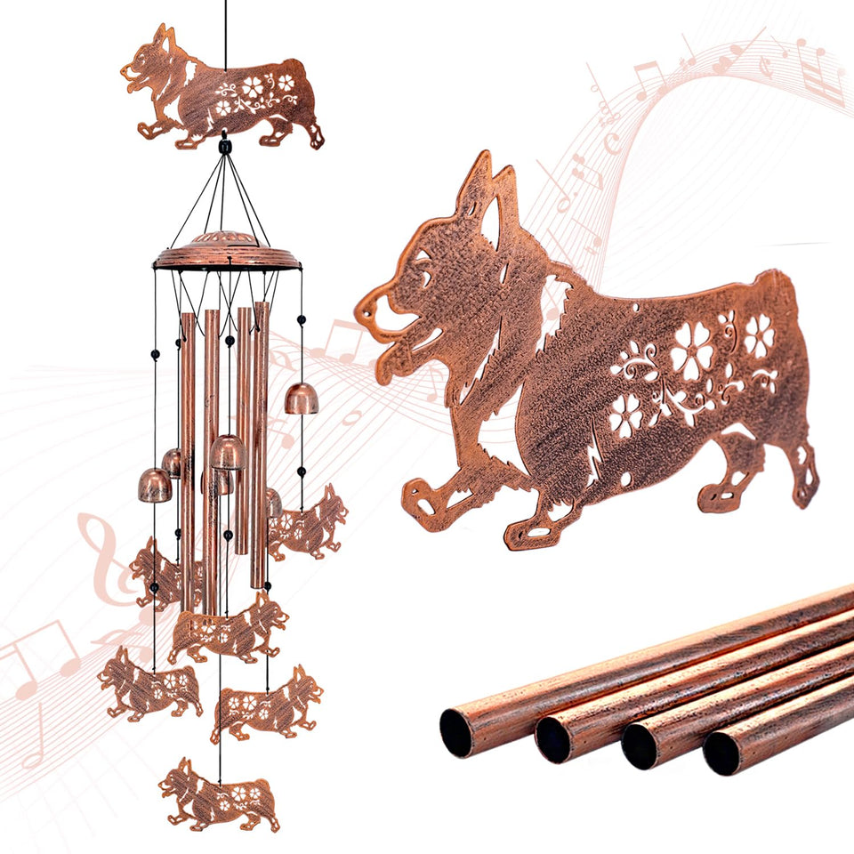 SRDJXY Corgi wind chime outdoors in garden with tranquil ambiance and decorative charm.