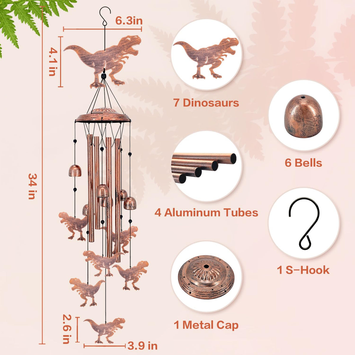SRDJXY Dinosaur Wind Chime bronze finish complements outdoor furniture and greenery
