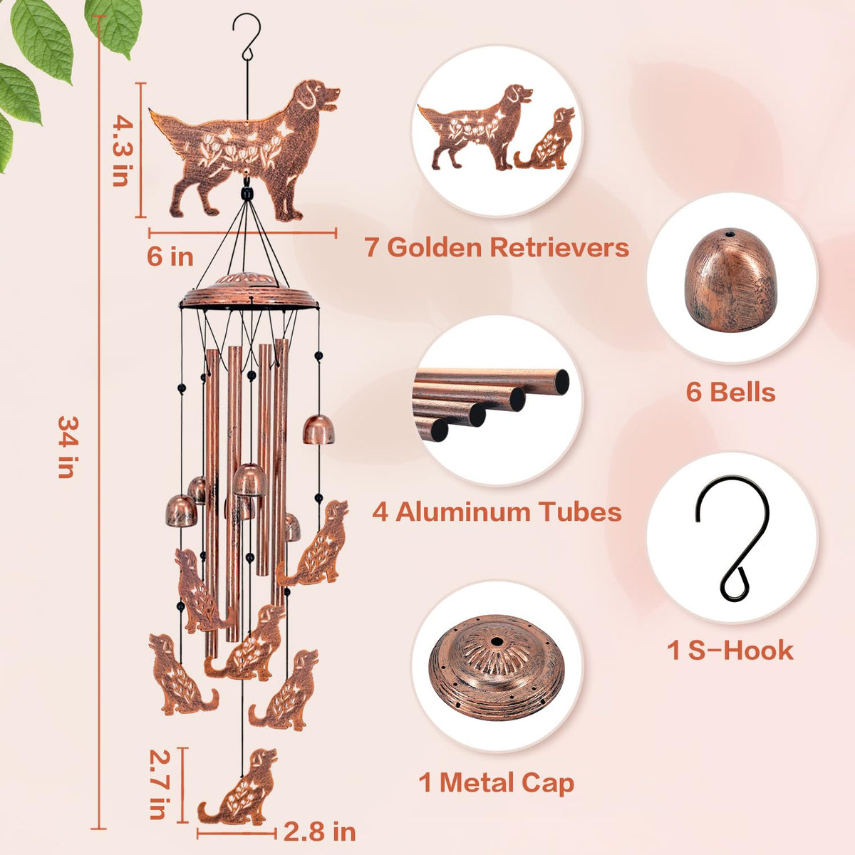 SRDJXY Golden Retriever Wind Chime bells detail highlights playful dogs and soothing melody.