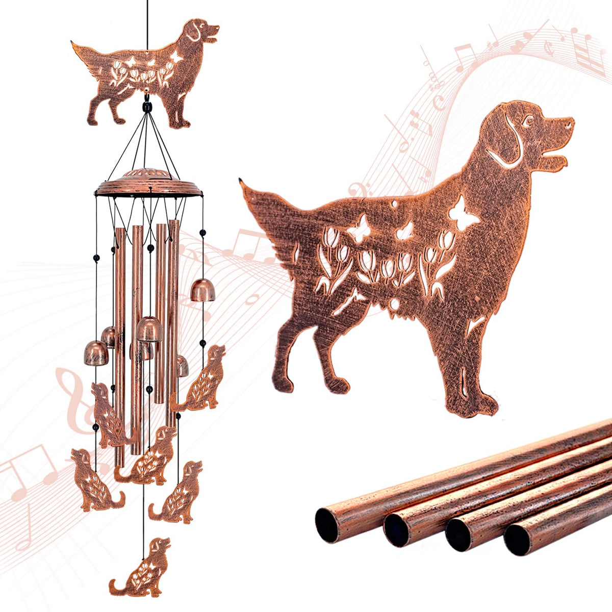 SRDJXY Golden Retriever Wind Chime close-up of handcrafted dogs and antique bronze finish for outdoor charm.