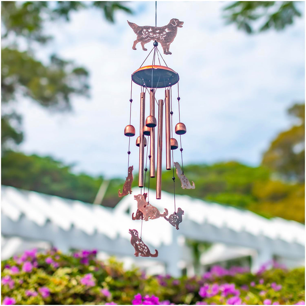SRDJXY Golden Retriever Wind Chime hanging in garden, enhancing curb appeal with soothing sound.