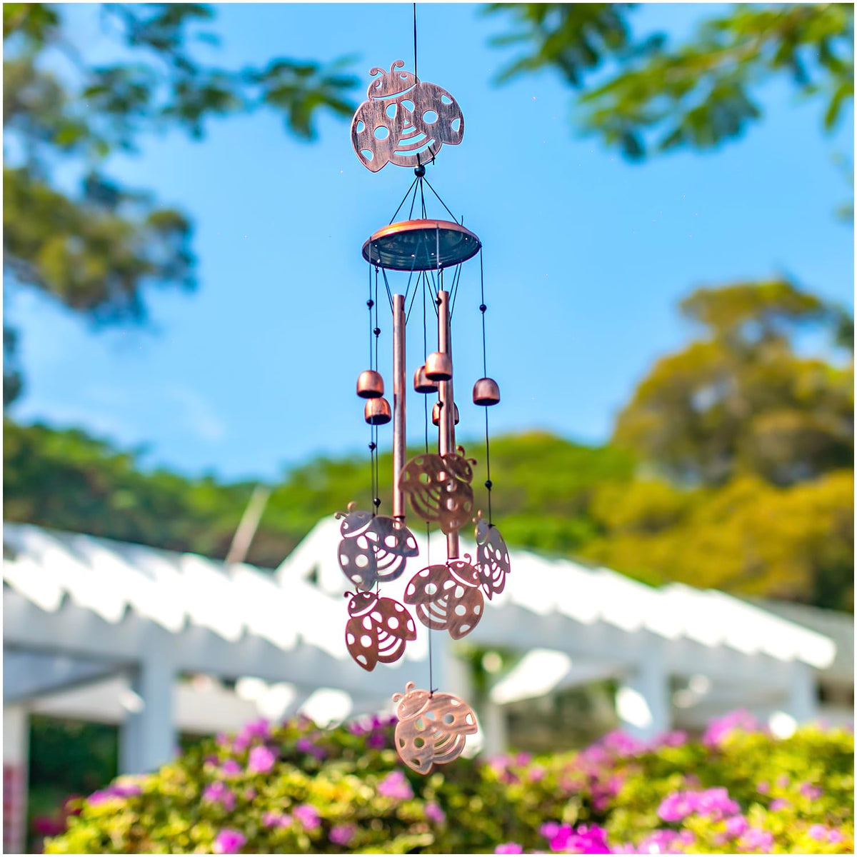 SRDJXY Ladybug wind chimes measure 34 inches for noticeable presence.