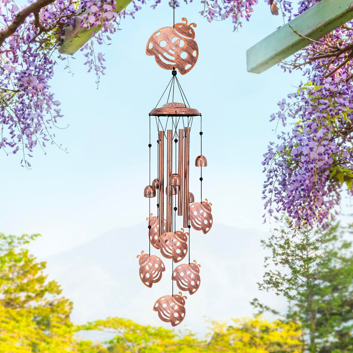 SRDJXY Ladybug wind chimes close-up highlighting six tiny beetles and bright tubes for playful charm.