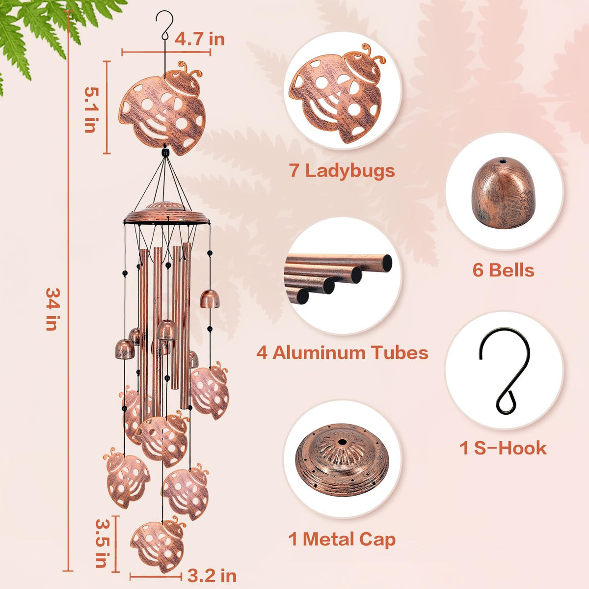 SRDJXY Ladybug wind chimes hanging in a garden create serene ambience.