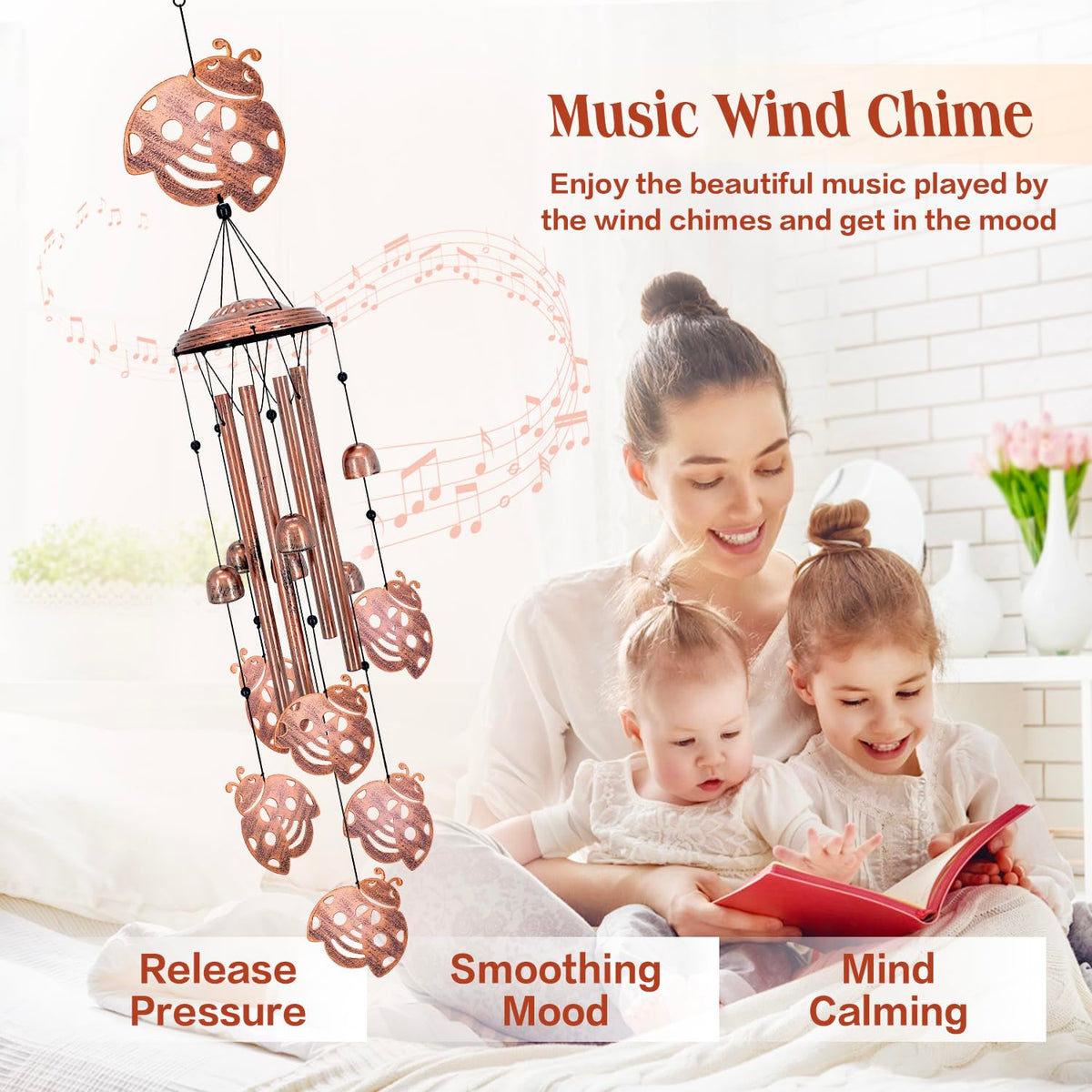 SRDJXY Ladybug wind chimes top cover and bells create complete decorative impact.