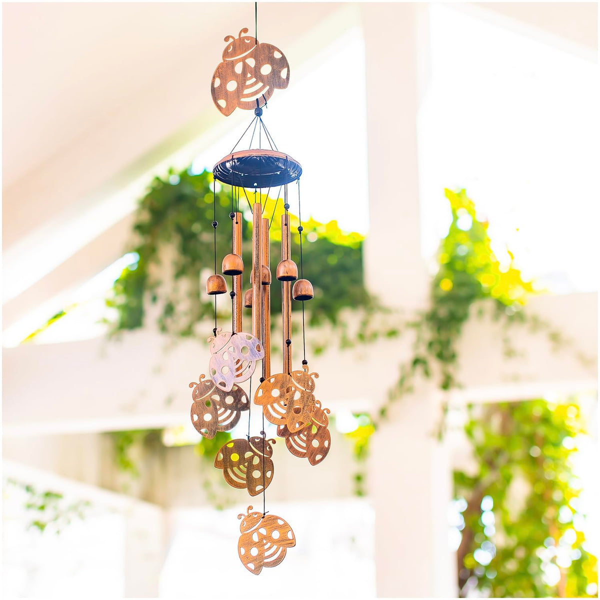 SRDJXY Ladybug wind chimes built with weather-resistant metal and rope.