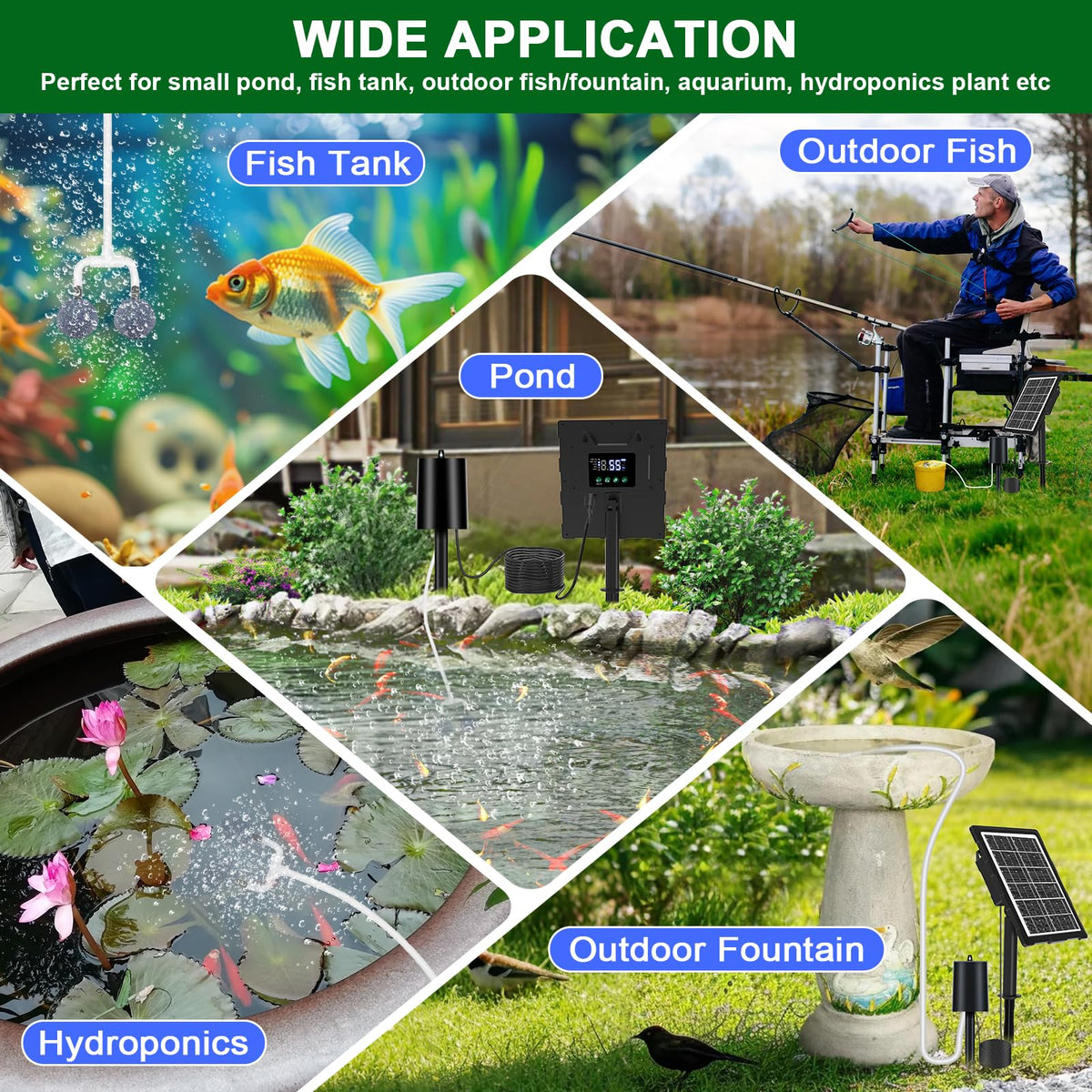 Srygery built-in 2200mAh battery powers day and night aeration in ponds.