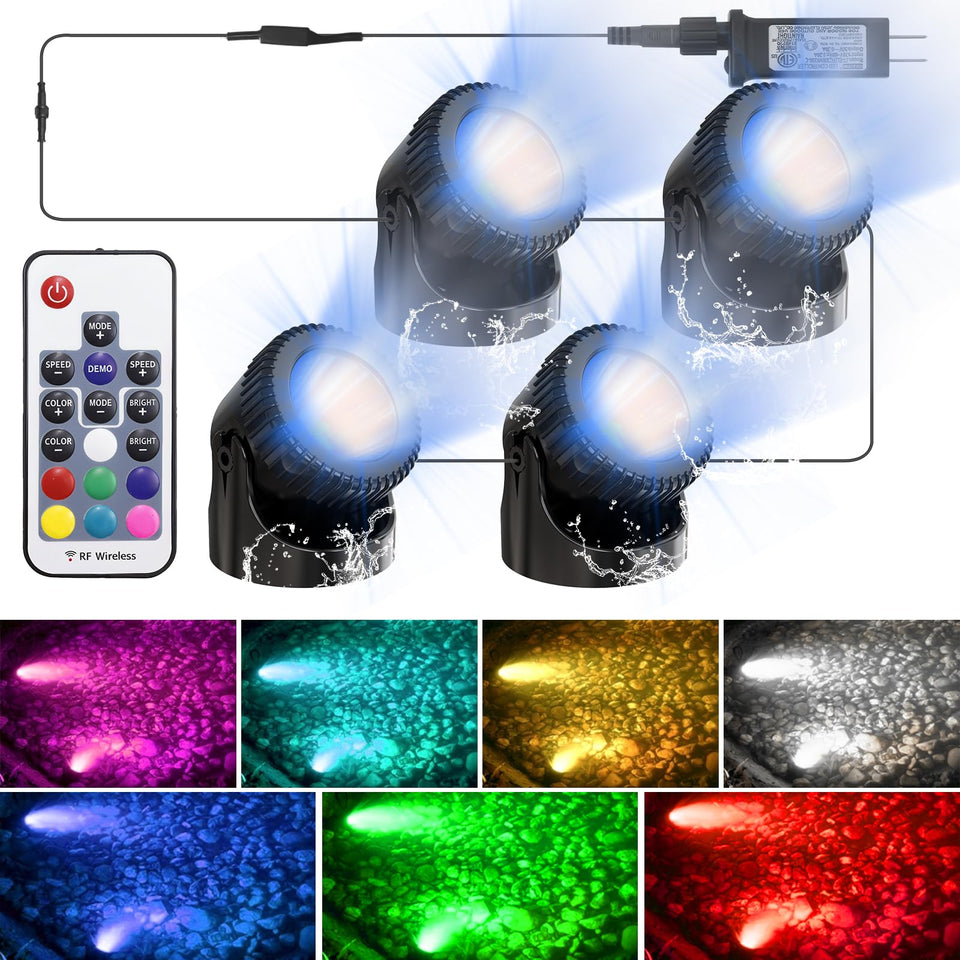 Srygery RGB Underwater Pond Lights illuminate ponds with vibrant colors for ambient evenings.