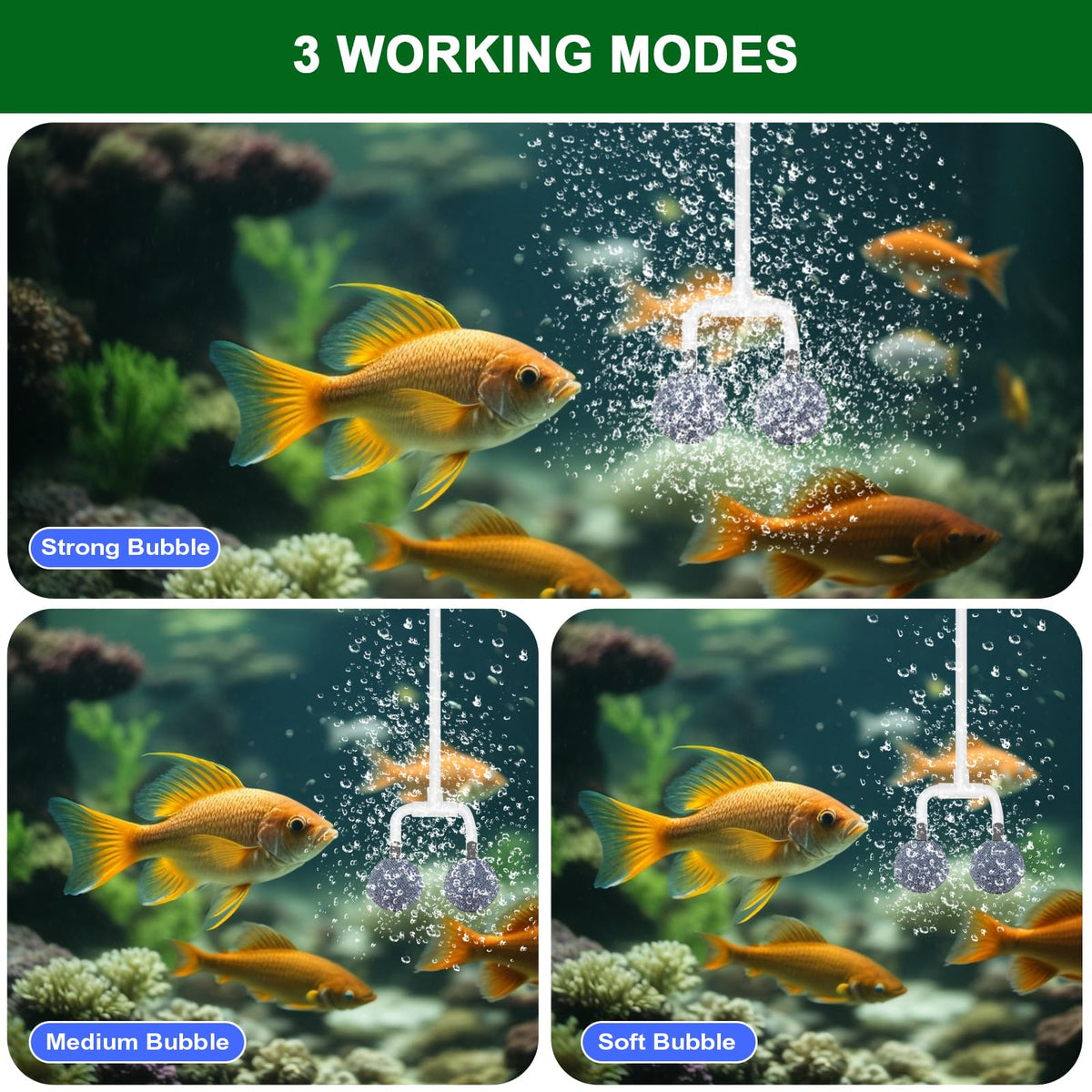 Srygery three modes with bubble regulator tailor oxygen delivery for ponds.