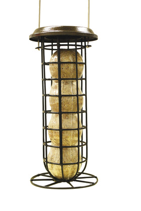 ST. ALBANS BAY SUET PLUS garden set feeder black attracts birds from a window.