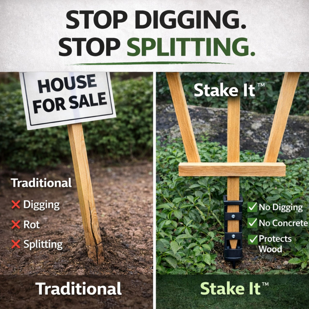 Stake It real-estate-sign-setup image showcases no-dig installation.