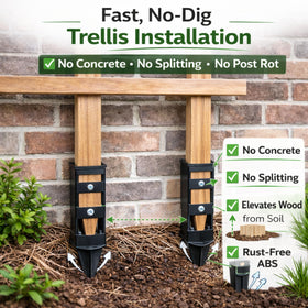 Stake It two-x-post compatibility image shows easy lumber fit.