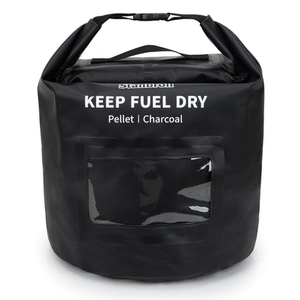 Stanbroil 20 lb pellet bag front view demonstrating waterproof outdoor storage for pellets.