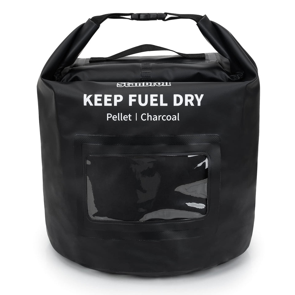 Stanbroil 20 lb pellet bag front view demonstrating waterproof outdoor storage for pellets.