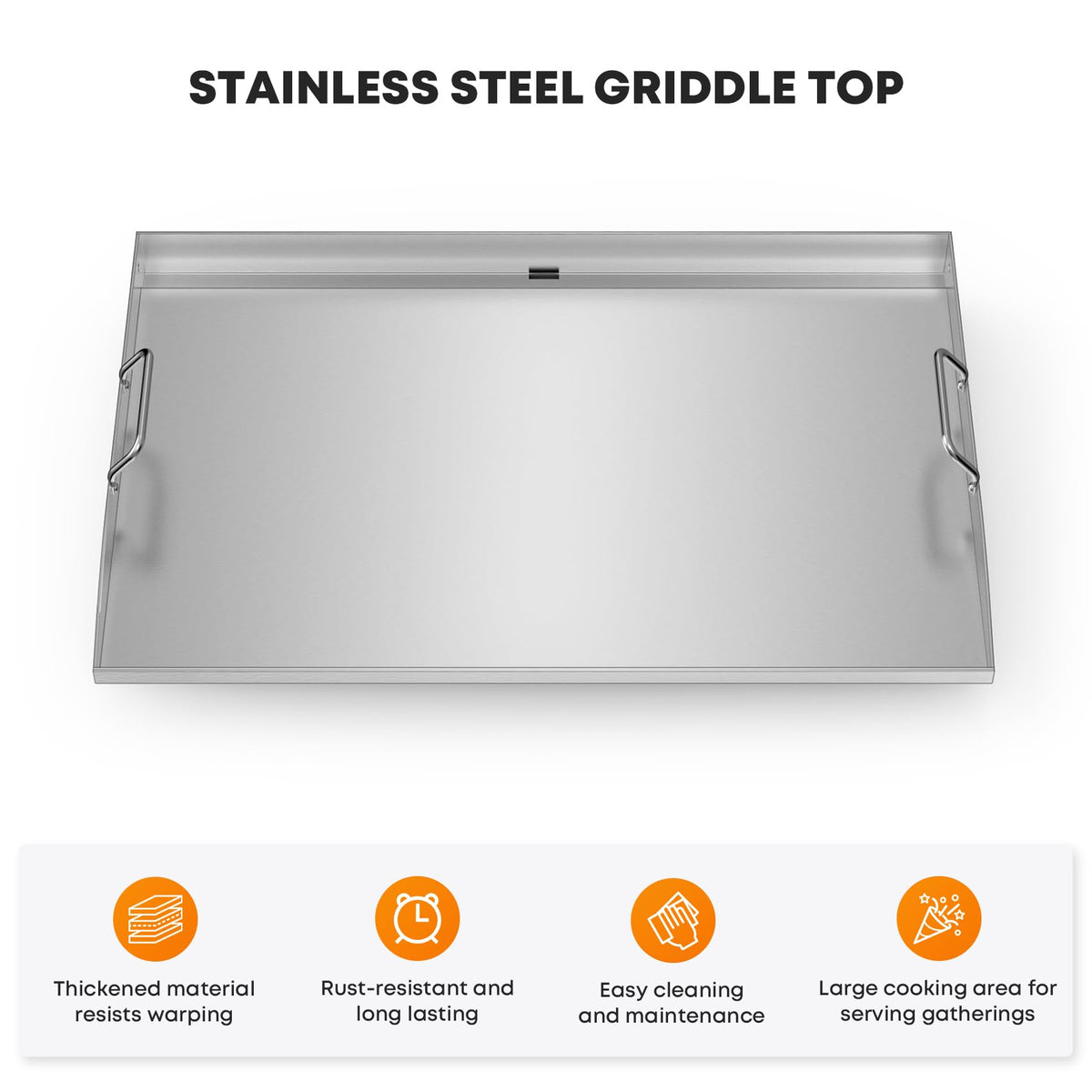 Stanbroil 28-inch flat top griddle durable stainless steel construction prevents warping.
