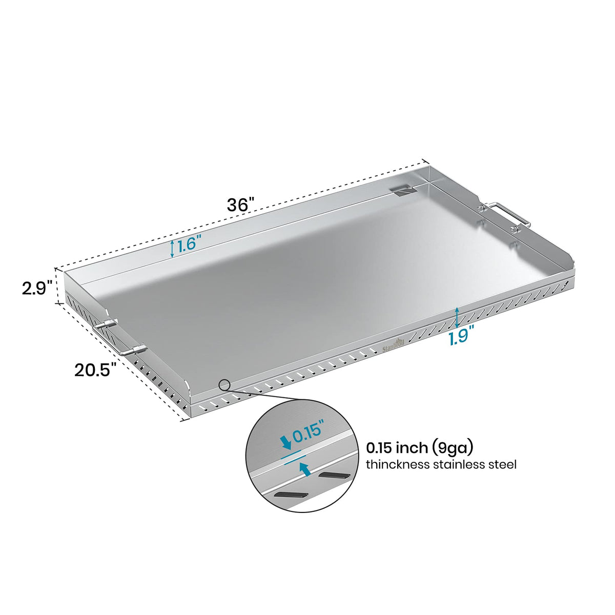 Stanbroil 36-inch griddle side view showing robust construction for durable grilling.