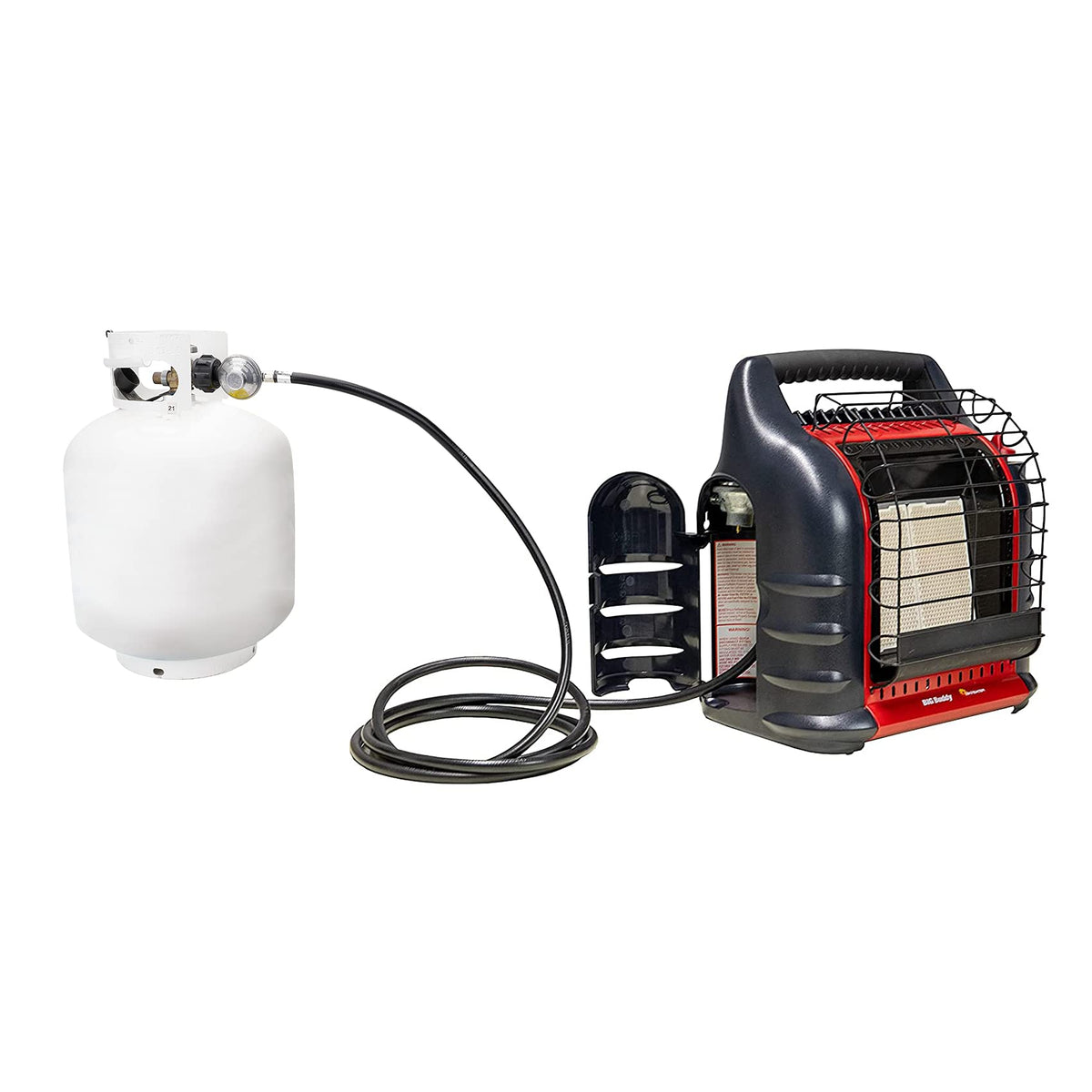 Big Buddy heater setup with 80,000 BTU/hour capacity and Stanbroil hose.