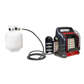 Big Buddy heater setup with 80,000 BTU/hour capacity and Stanbroil hose.