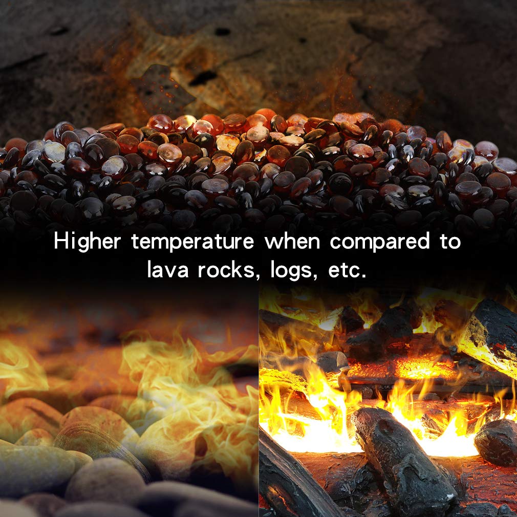 Stanbroil amber luster glass drops in gas fireplace, steady color.