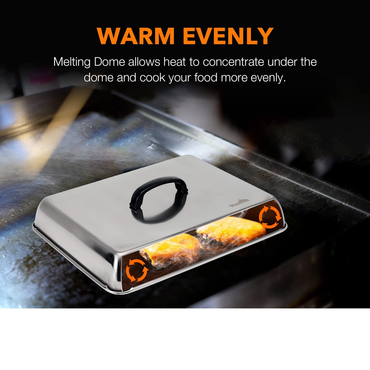 Stanbroil basting cover concentrates heat for even cooking and cheese melting
