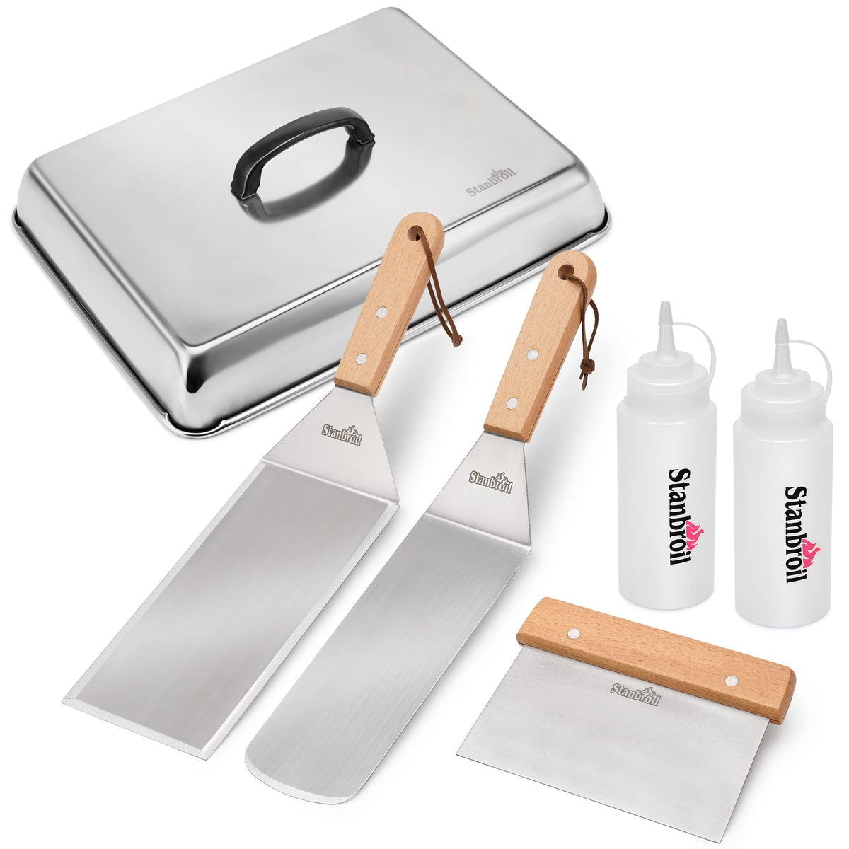 Stanbroil BBQ griddle spatula with wood handle offering durable, hygienic flipping on flat tops