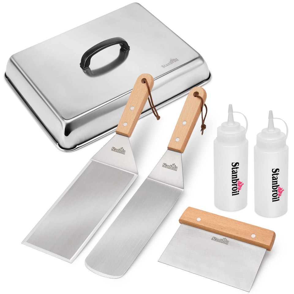 Stanbroil BBQ griddle spatula with wood handle offering durable, hygienic flipping on flat tops