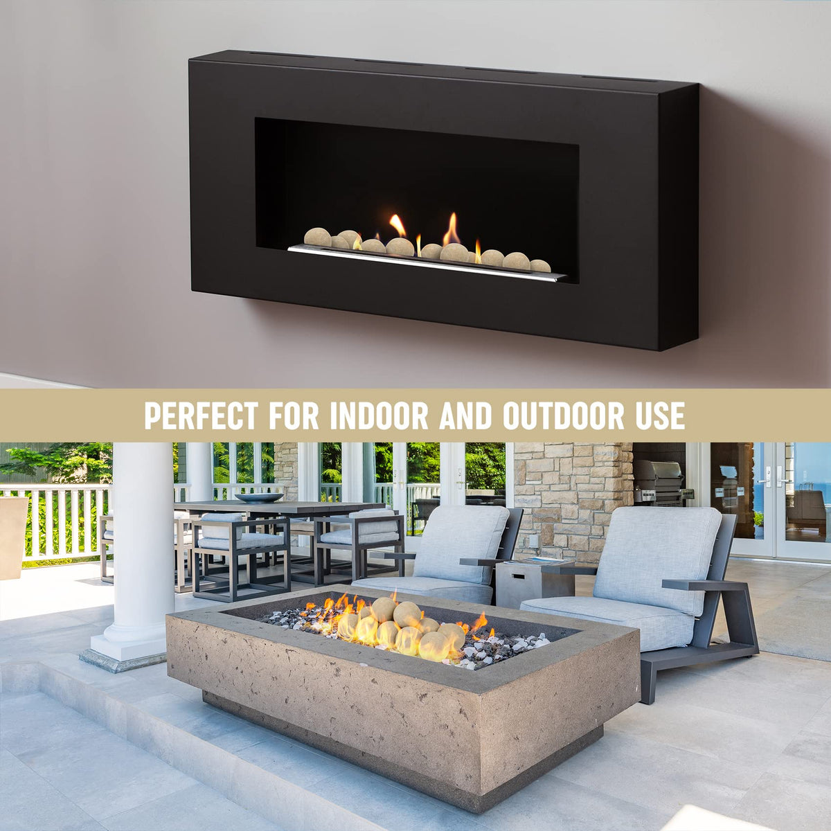 Stanbroil beige ceramic balls used in indoor gas fireplace for low-maintenance style