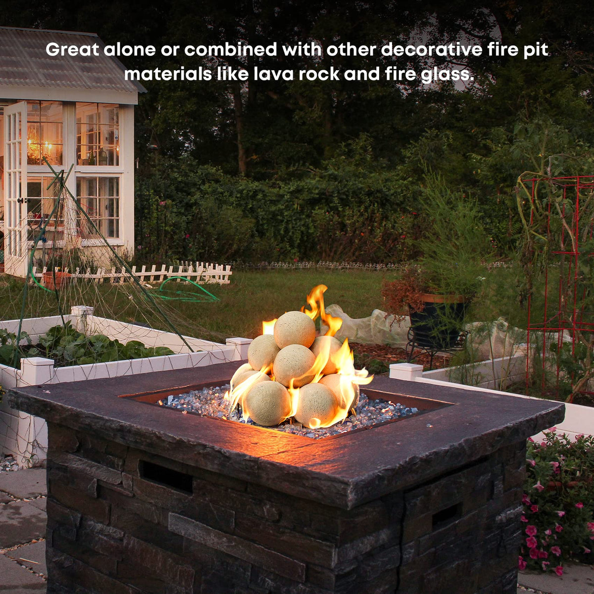 Stanbroil beige ceramic stones in outdoor patio setup for decor and flame