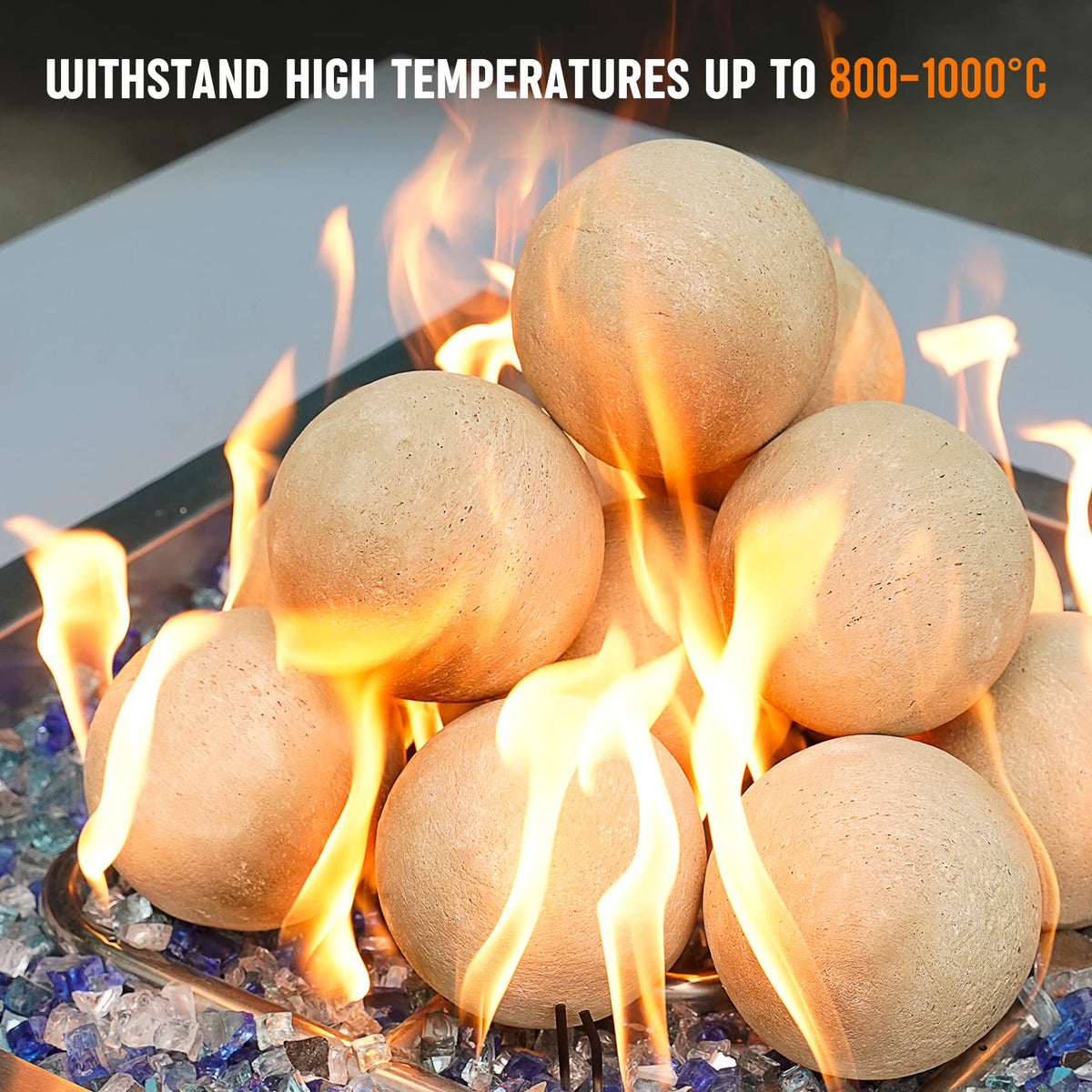 Stanbroil beige ceramic stones placed under fire glass for a modern flame look