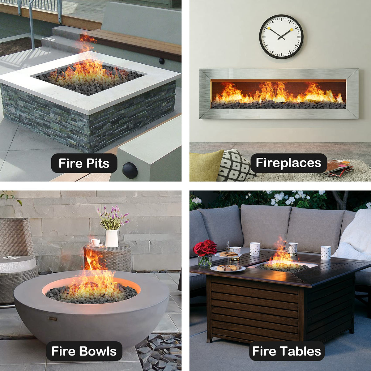 Stanbroil lava rock granules indoor fireplace setup with texture.