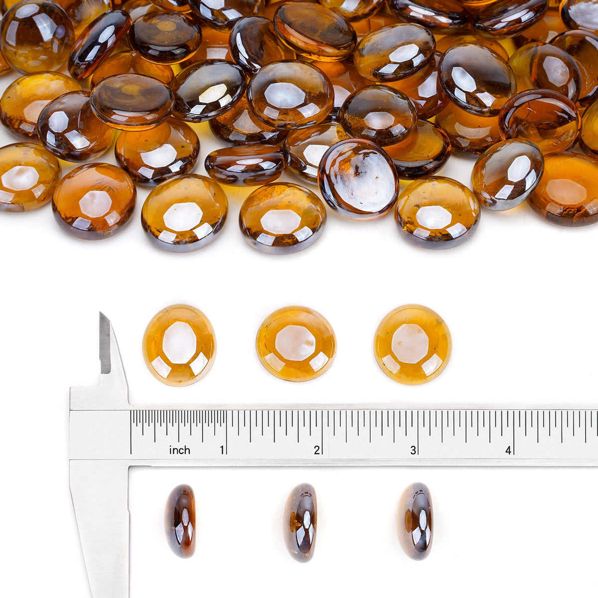 Stanbroil caramel luster glass drops arranged in a fire pit for ambient glow