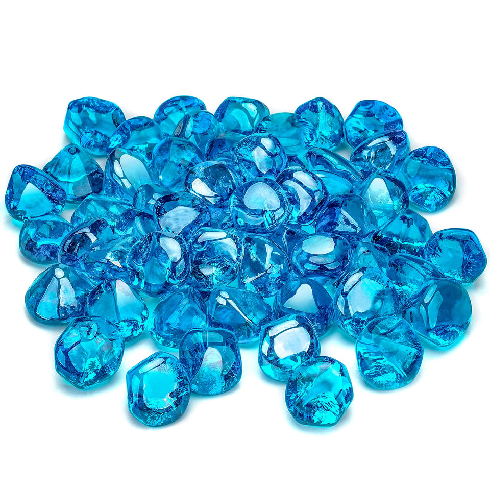 Stanbroil Caribbean Blue Luster fire glass diamonds, 1/2-inch pieces, ideal for low-maintenance fire pits.