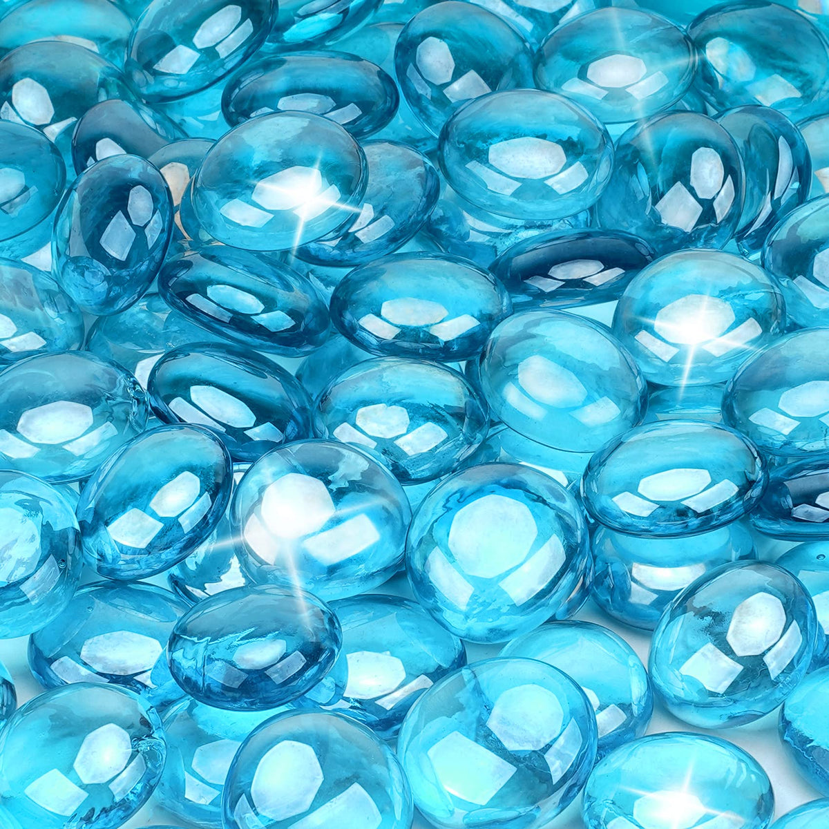 Stanbroil Caribbean Blue Luster fire glass drops in a 1/2-inch size for vibrant indoor fireplace setup