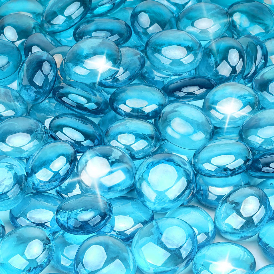 Stanbroil Caribbean Blue Luster fire glass drops in a 1/2-inch size for vibrant indoor fireplace setup