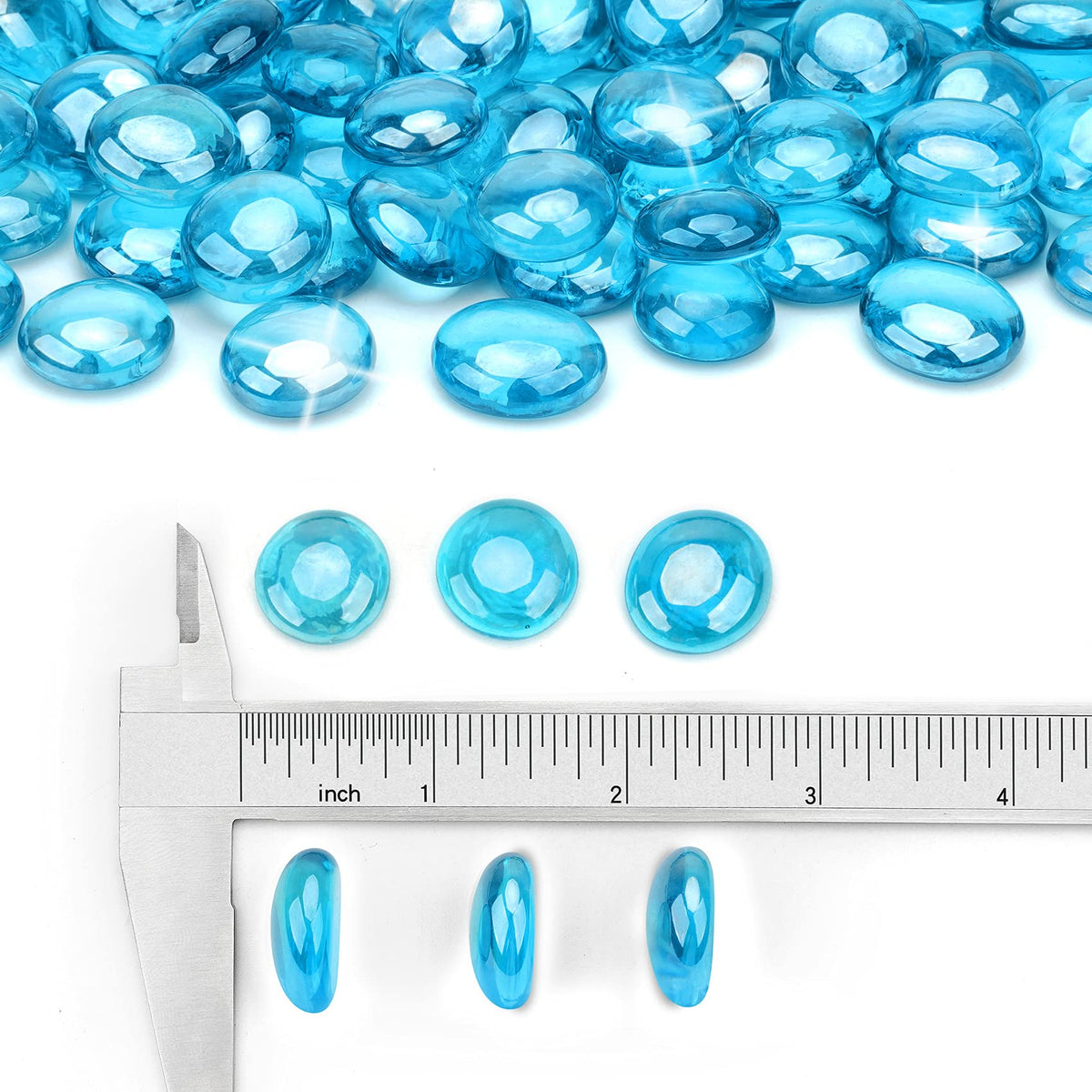 Close-up of Stanbroil Caribbean Blue Luster fire glass drops showing jewel-like color