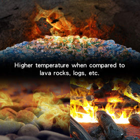 Stanbroil fire glass drops in a fire pit with Caribbean Blue Luster glow