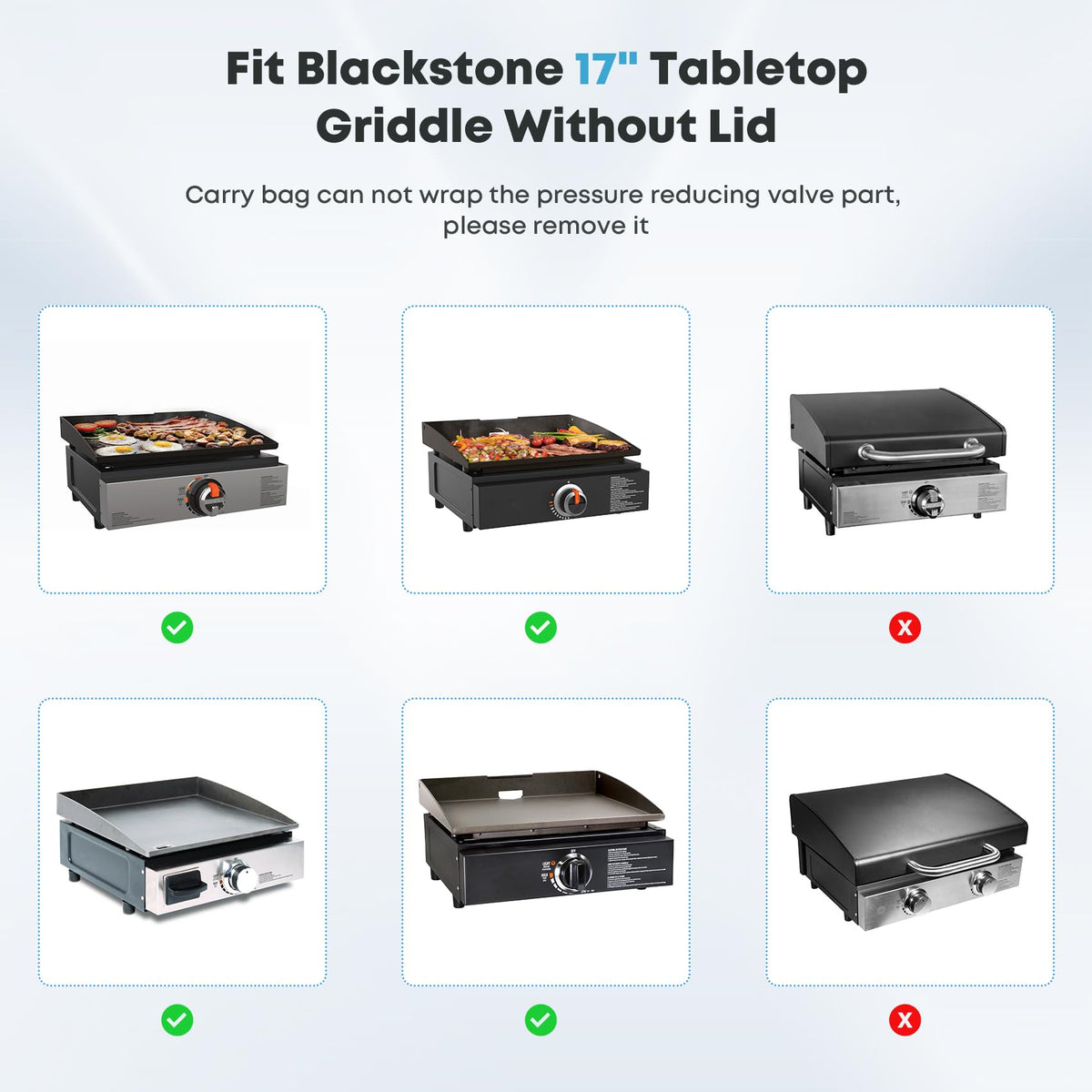 Designed for 17-inch Blackstone tabletop grills without lids for a snug fit.