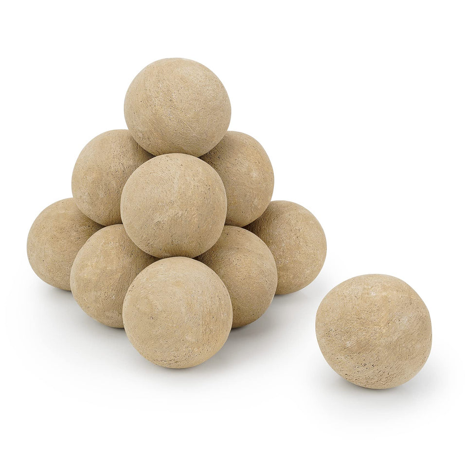 Stanbroil 4-inch beige ceramic balls arranged as fire pit base layer for even flame dispersion