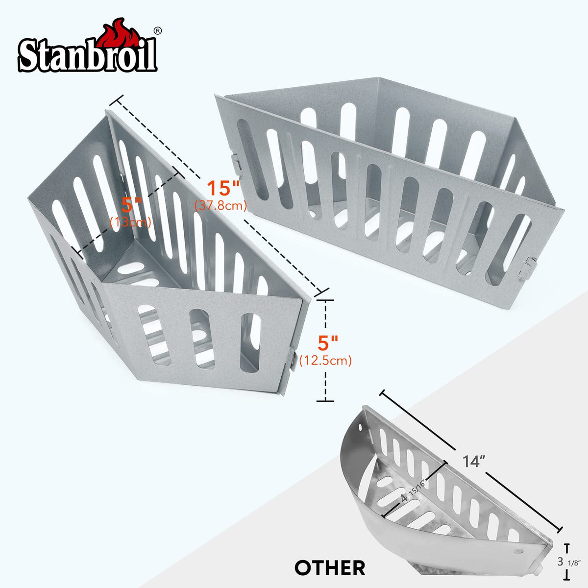 Stanbroil grill basket filled with briquettes for even burning.