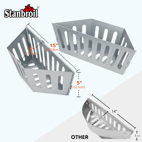 Stanbroil grill basket filled with briquettes for even burning.