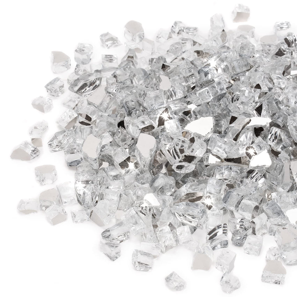 Stanbroil fire glass 10lb platinum reflective quarter-inch enhances fireplace ambiance with jewel-like glow.