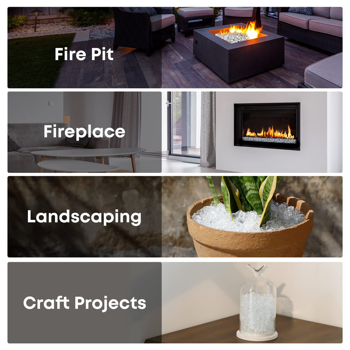Stanbroil reflective glass replaces lava rocks for a sparkly, durable fire feature.