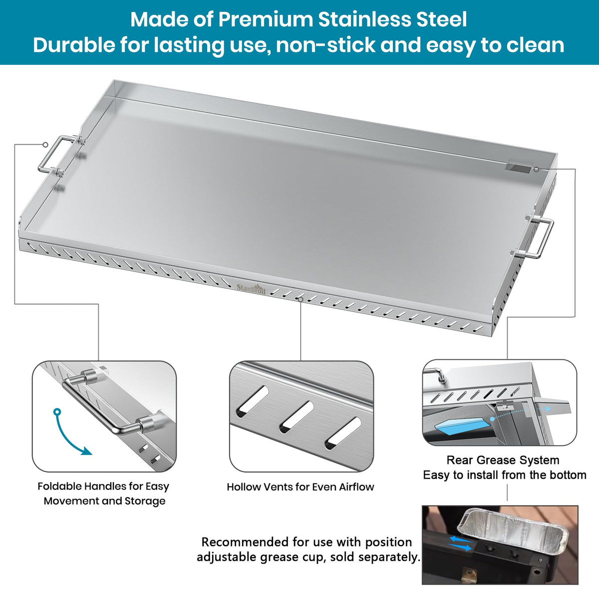Stanbroil flat-top griddle installation on Blackstone setup demonstrates compatibility and easy mounting.