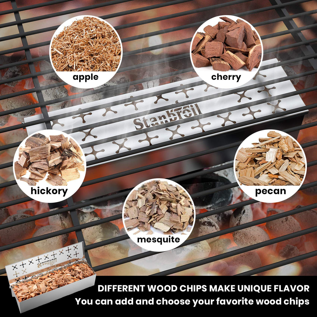 Stanbroil smoker box vents front and side to speed smoke production.