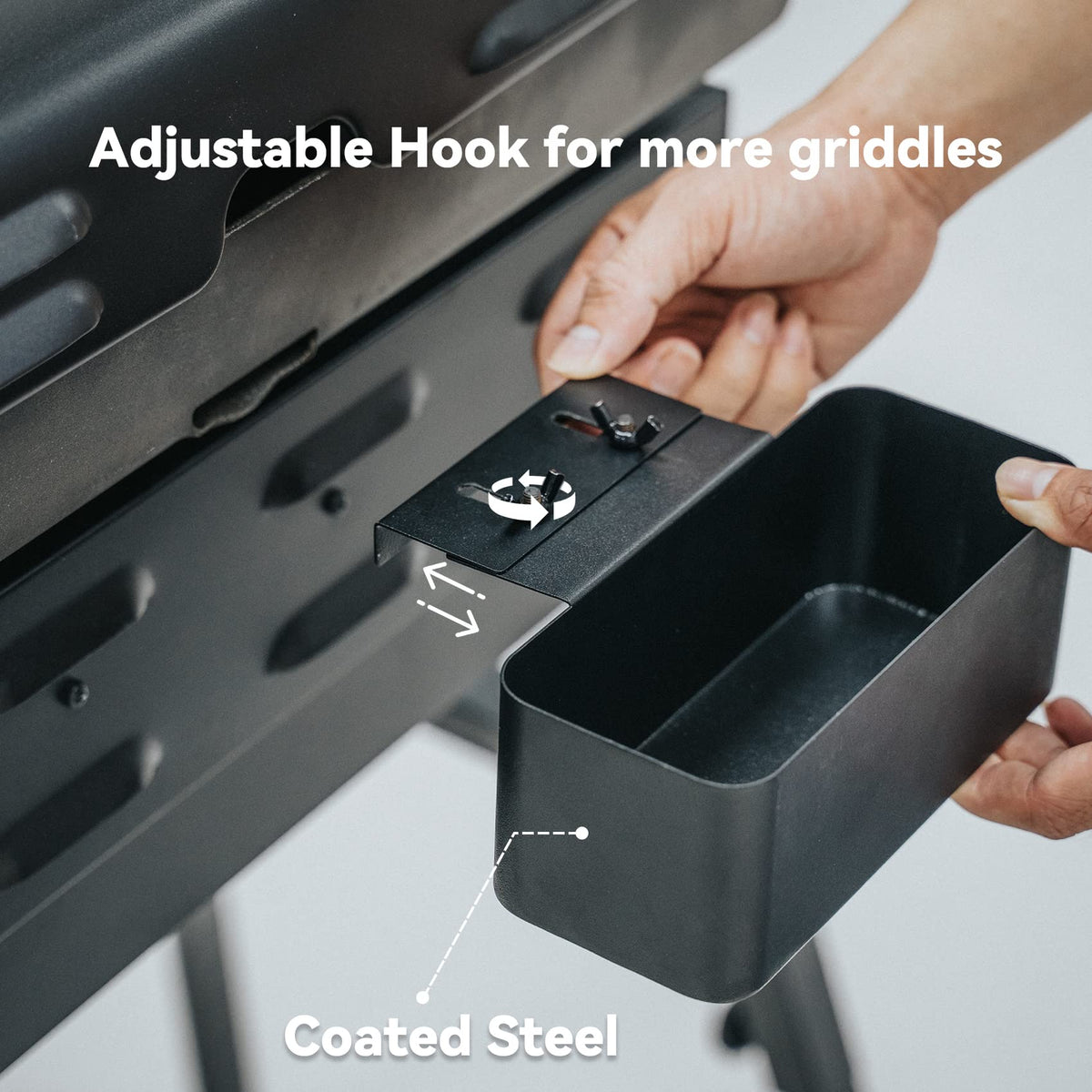 Stanbroil grease cup tray on Blackstone 28-inch griddle reduces drips during cooking.