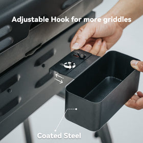 Stanbroil grease cup tray on Blackstone 28-inch griddle reduces drips during cooking.