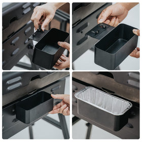 Stanbroil grease cup tray for Blackstone 36-inch griddle with adjustable hook.
