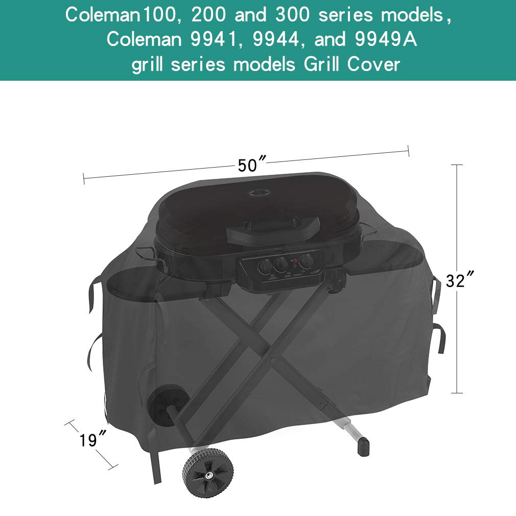 Stanbroil grill cover for Coleman RoadTrip, side view shields from rain and wind.