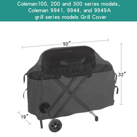 Stanbroil grill cover for Coleman RoadTrip, side view shields from rain and wind.